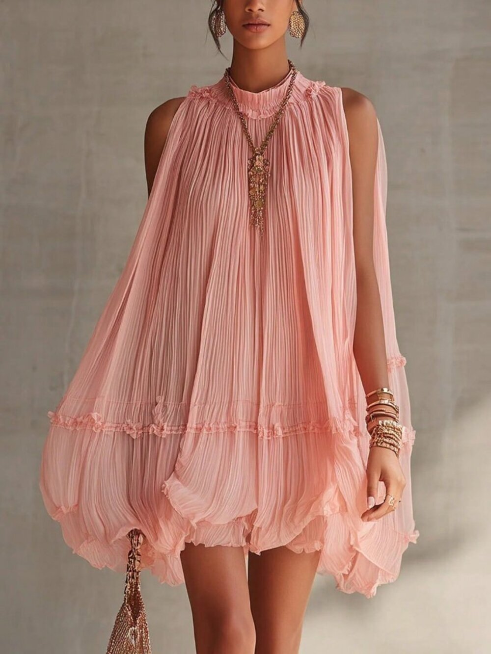 Pink Casual Women's Sleeveless Pleated A-Line Babydoll Short Dress